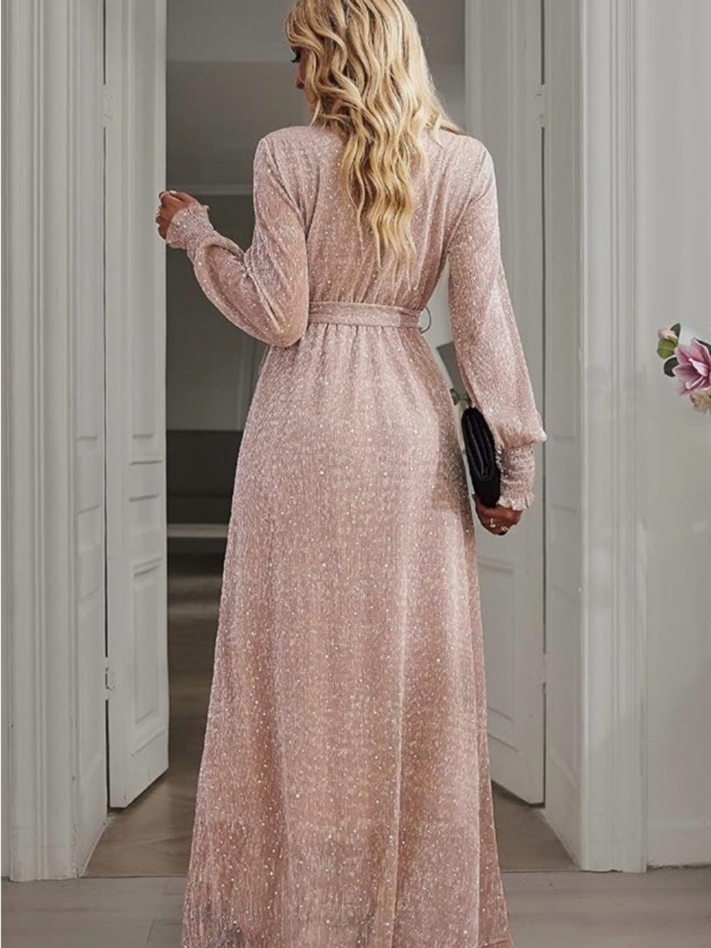 Rose Gold Sparkle Wrap Maxi Dress in Nude - Picture 4 of 6